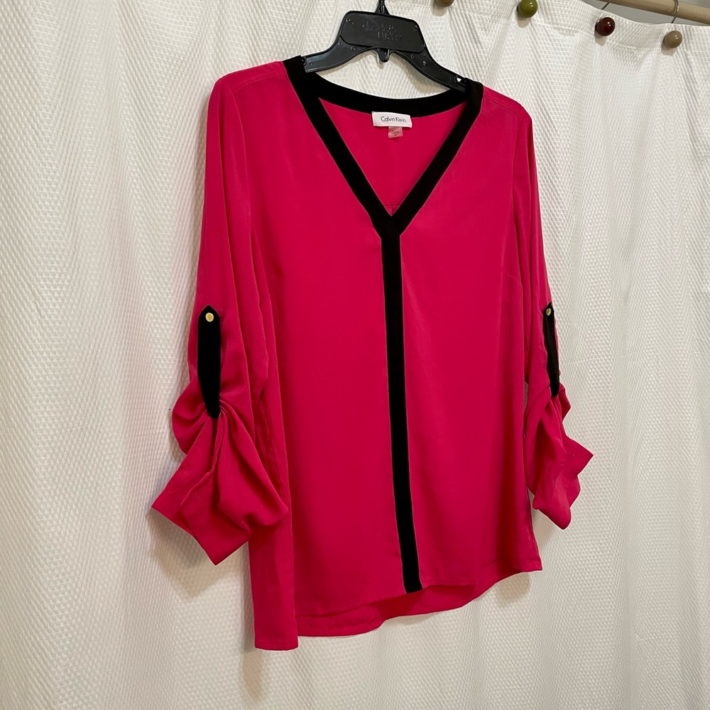 Calvin Klein Pink and Black V Neck Long Sleeve Tunic Blouse Size Medium